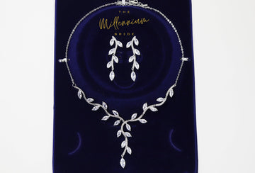 Swarovski Crystal Vine Leaves Necklace, Long Bridal Jewelry, Bridal Earrings And Necklace, Statement Earrings Cz Necklace Set.